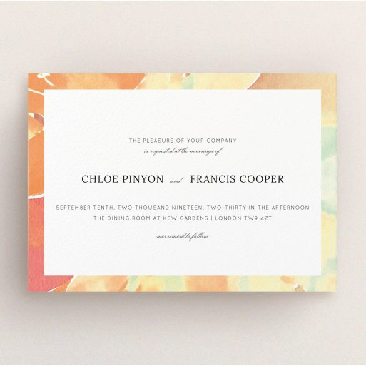 A personalised wedding invitation design titled "Orange Watercolours". It is an A5 invite in a landscape orientation. "Orange Watercolours" is available as a flat invite, with tones of orange and mint green.