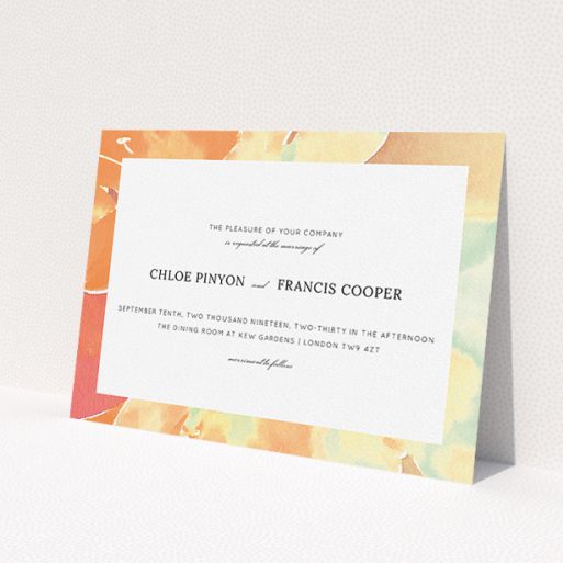 A personalised wedding invitation design titled 'Orange Watercolours'. It is an A5 invite in a landscape orientation. 'Orange Watercolours' is available as a flat invite, with tones of orange and mint green.
