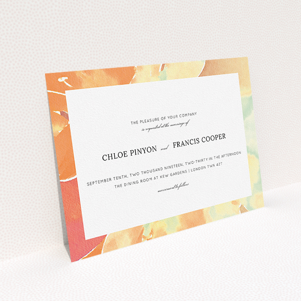 A personalised wedding invitation design titled "Orange Watercolours". It is an A5 invite in a landscape orientation. "Orange Watercolours" is available as a flat invite, with tones of orange and mint green.