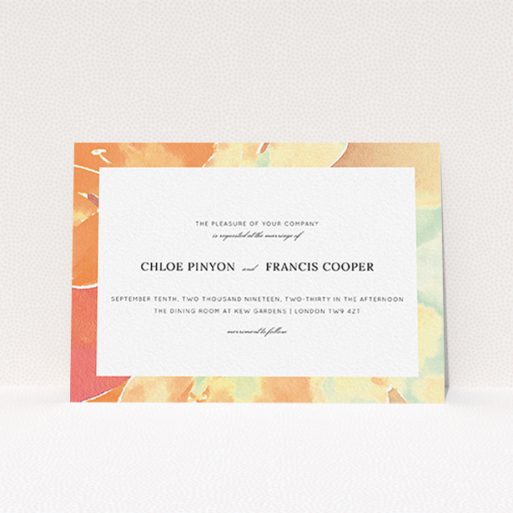 A personalised wedding invitation design called "Orange Watercolours". It is an A6 invite in a landscape orientation. "Orange Watercolours" is available as a flat invite, with tones of orange and mint green.