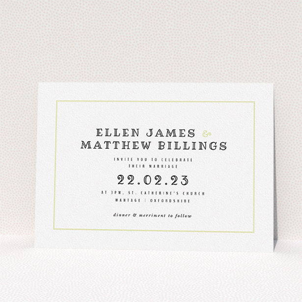 A personalised wedding invitation named "Ornate Date". It is an A5 invite in a landscape orientation. It is a photographic personalised wedding invitation with room for 1 photo. "Ornate Date" is available as a flat invite, with mainly white colouring.