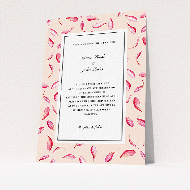 A personalised wedding invitation design called "Petal avalanche". It is an A5 invite in a portrait orientation. "Petal avalanche" is available as a flat invite, with tones of pink, red and white.