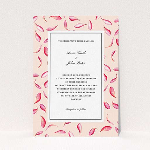 A personalised wedding invitation template titled "Petal avalanche". It is an A6 invite in a portrait orientation. "Petal avalanche" is available as a flat invite, with tones of pink, red and white.