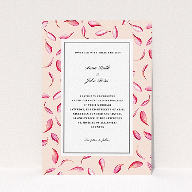A personalised wedding invitation template titled "Petal avalanche". It is an A6 invite in a portrait orientation. "Petal avalanche" is available as a flat invite, with tones of pink, red and white.