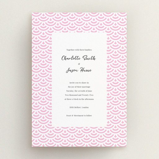 A personalised wedding invitation named "Pink Fans". It is an A5 invite in a portrait orientation. "Pink Fans" is available as a flat invite, with tones of pink and white.