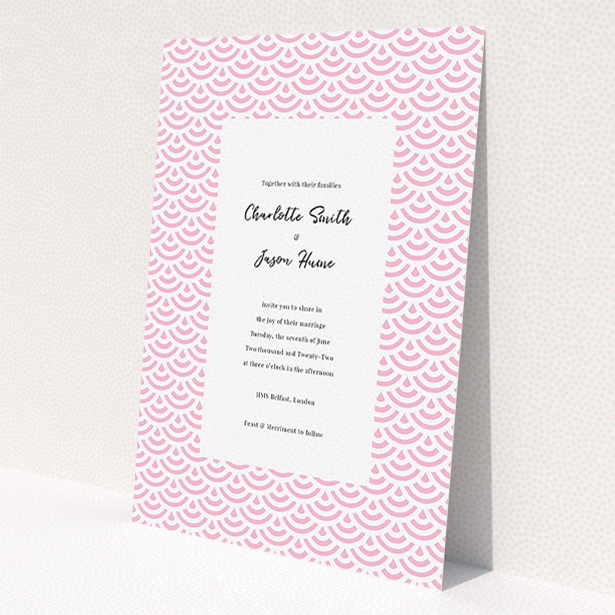 A personalised wedding invitation named 'Pink Fans'. It is an A5 invite in a portrait orientation. 'Pink Fans' is available as a flat invite, with tones of pink and white.