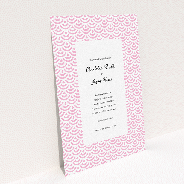 A personalised wedding invitation named "Pink Fans". It is an A5 invite in a portrait orientation. "Pink Fans" is available as a flat invite, with tones of pink and white.