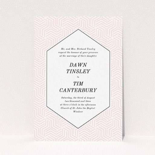A personalised wedding invitation design called "Pink geometric maze". It is an A6 invite in a portrait orientation. "Pink geometric maze" is available as a flat invite, with tones of pink and white.