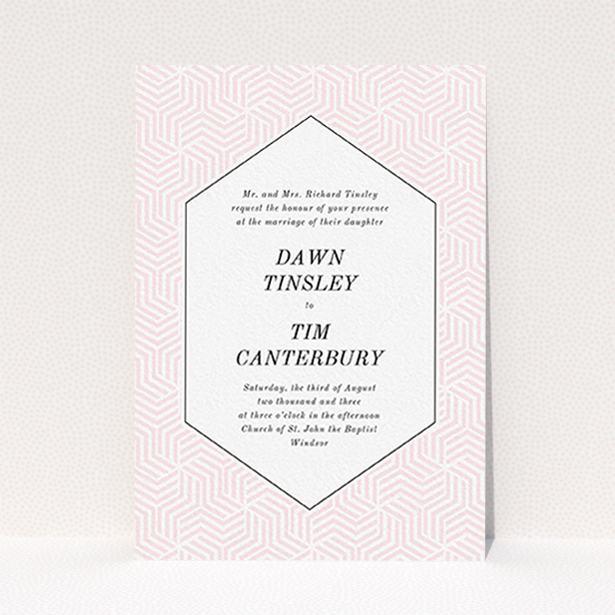 A personalised wedding invitation design called "Pink geometric maze". It is an A6 invite in a portrait orientation. "Pink geometric maze" is available as a flat invite, with tones of pink and white.