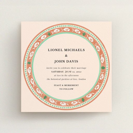 A personalised wedding invitation design titled "Positano". It is a square (148mm x 148mm) invite in a square orientation. "Positano" is available as a flat invite, with tones of light pink and terracotta.