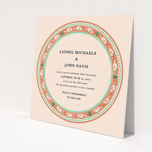 A personalised wedding invitation design titled 'Positano'. It is a square (148mm x 148mm) invite in a square orientation. 'Positano' is available as a flat invite, with tones of light pink and terracotta.