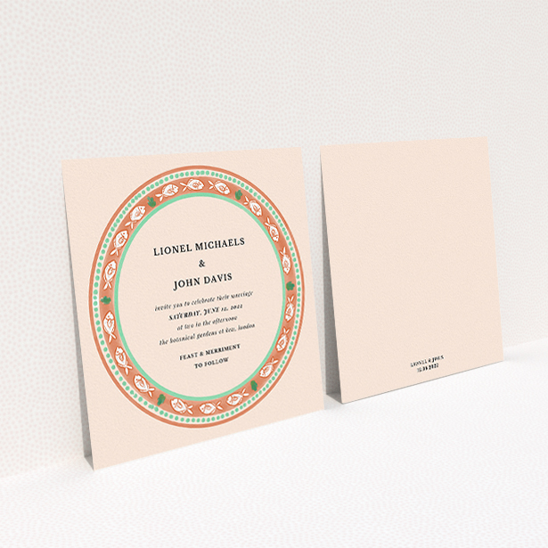 A personalised wedding invitation design titled "Positano". It is a square (148mm x 148mm) invite in a square orientation. "Positano" is available as a flat invite, with tones of light pink and terracotta.
