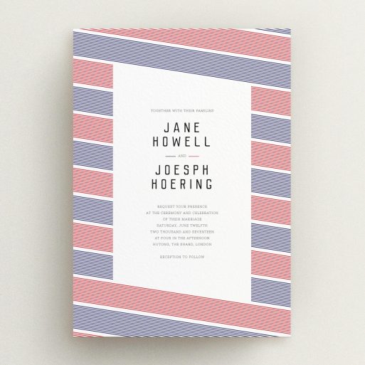 A personalised wedding invitation design titled "Preppy Lines". It is an A5 invite in a portrait orientation. "Preppy Lines" is available as a flat invite, with tones of red and navy blue.