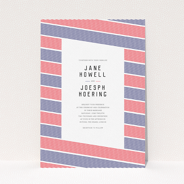 A personalised wedding invitation design titled "Preppy Lines". It is an A5 invite in a portrait orientation. "Preppy Lines" is available as a flat invite, with tones of red and navy blue.