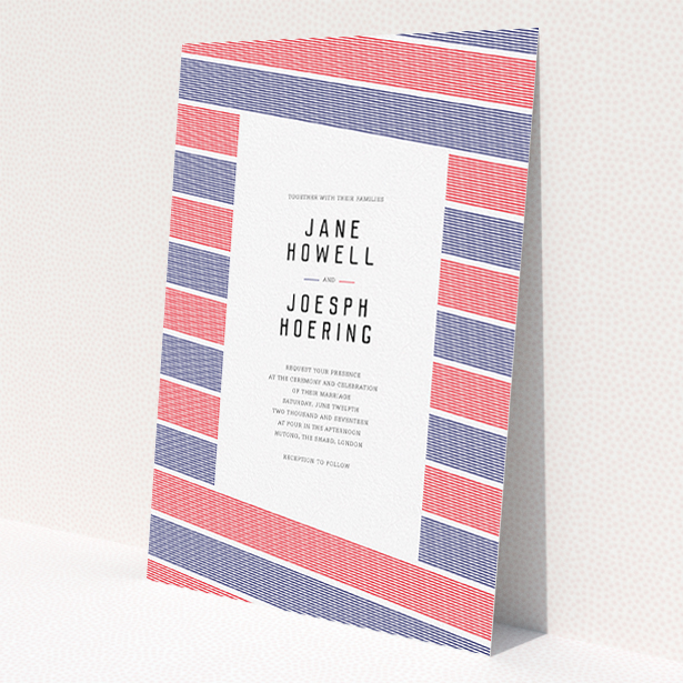 A personalised wedding invitation design titled 'Preppy Lines'. It is an A5 invite in a portrait orientation. 'Preppy Lines' is available as a flat invite, with tones of red and navy blue.