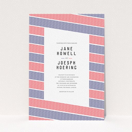 A personalised wedding invitation design called "Preppy Lines". It is an A6 invite in a portrait orientation. "Preppy Lines" is available as a flat invite, with tones of red and navy blue.