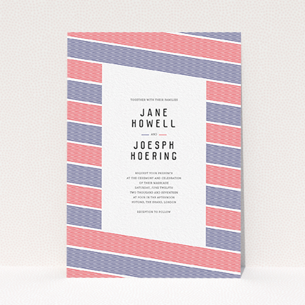 A personalised wedding invitation design called "Preppy Lines". It is an A6 invite in a portrait orientation. "Preppy Lines" is available as a flat invite, with tones of red and navy blue.