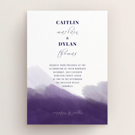 A personalised wedding invitation named "Purple halftone". It is an A5 invite in a portrait orientation. "Purple halftone" is available as a flat invite, with tones of dark purple and white.