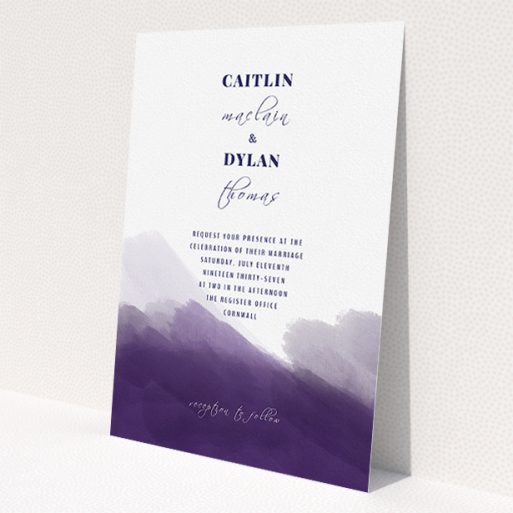 A personalised wedding invitation named 'Purple halftone'. It is an A5 invite in a portrait orientation. 'Purple halftone' is available as a flat invite, with tones of dark purple and white.