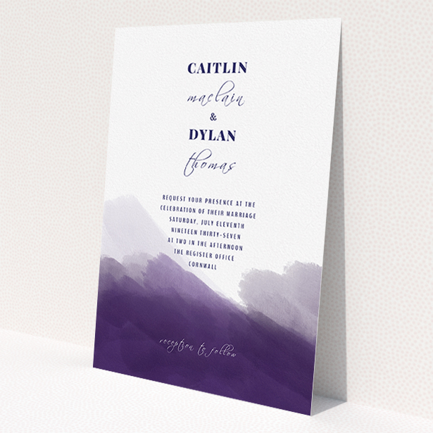 A personalised wedding invitation named "Purple halftone". It is an A5 invite in a portrait orientation. "Purple halftone" is available as a flat invite, with tones of dark purple and white.