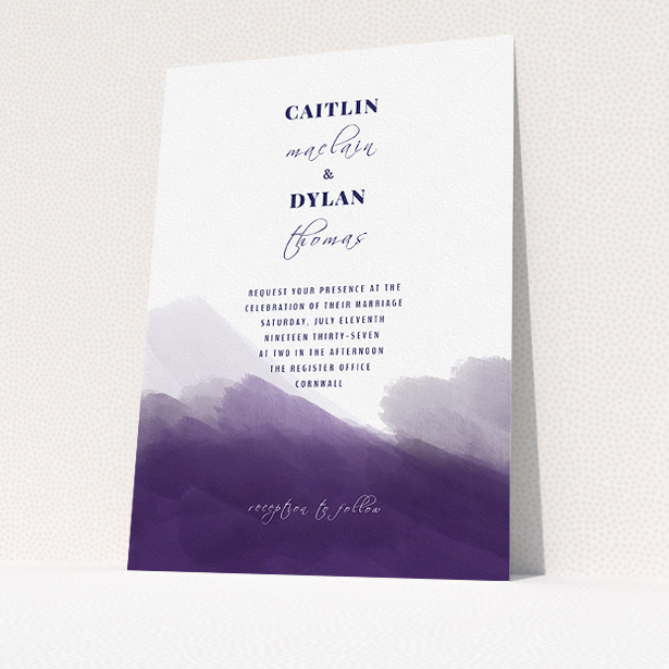 A personalised wedding invitation named "Purple halftone". It is an A5 invite in a portrait orientation. "Purple halftone" is available as a flat invite, with tones of dark purple and white.