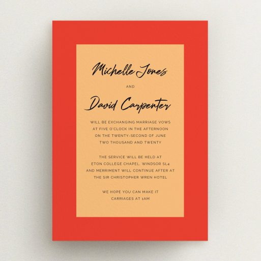 A personalised wedding invitation design named "Red on Orange". It is an A5 invite in a portrait orientation. "Red on Orange" is available as a flat invite, with tones of red and orange.