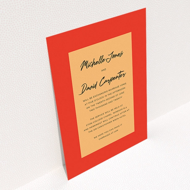 A personalised wedding invitation design named "Red on Orange". It is an A5 invite in a portrait orientation. "Red on Orange" is available as a flat invite, with tones of red and orange.
