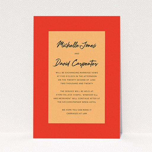 A personalised wedding invitation template titled "Red on Orange". It is an A6 invite in a portrait orientation. "Red on Orange" is available as a flat invite, with tones of red and orange.