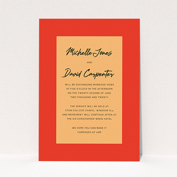 A personalised wedding invitation template titled "Red on Orange". It is an A6 invite in a portrait orientation. "Red on Orange" is available as a flat invite, with tones of red and orange.