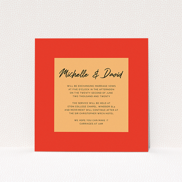 A personalised wedding invitation named "Red on Orange". It is a square (148mm x 148mm) invite in a square orientation. "Red on Orange" is available as a flat invite, with tones of red and orange.