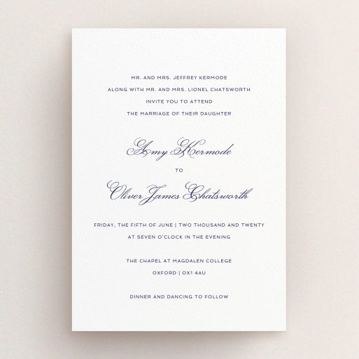 A personalised wedding invitation design titled "Right and Proper". It is an A5 invite in a portrait orientation. "Right and Proper" is available as a flat invite, with tones of white and navy blue.