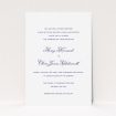 A personalised wedding invitation design titled "Right and Proper". It is an A5 invite in a portrait orientation. "Right and Proper" is available as a flat invite, with tones of white and navy blue.