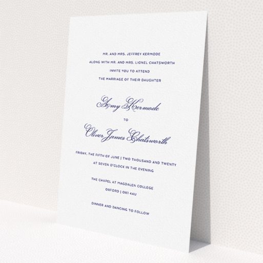 A personalised wedding invitation design titled 'Right and Proper'. It is an A5 invite in a portrait orientation. 'Right and Proper' is available as a flat invite, with tones of white and navy blue.