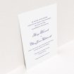 A personalised wedding invitation design titled "Right and Proper". It is an A5 invite in a portrait orientation. "Right and Proper" is available as a flat invite, with tones of white and navy blue.