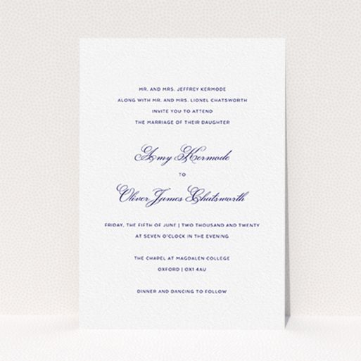 A personalised wedding invitation design called "Right and Proper". It is an A6 invite in a portrait orientation. "Right and Proper" is available as a flat invite, with tones of white and navy blue.