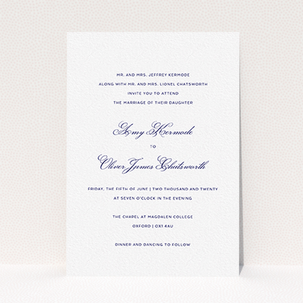 A personalised wedding invitation design called "Right and Proper". It is an A6 invite in a portrait orientation. "Right and Proper" is available as a flat invite, with tones of white and navy blue.