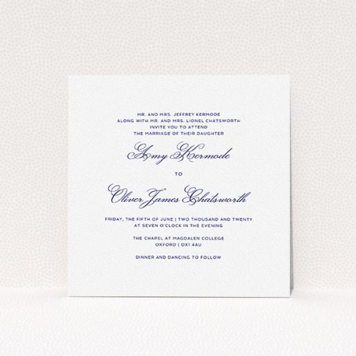 A personalised wedding invitation template titled "Right and Proper". It is a square (148mm x 148mm) invite in a square orientation. "Right and Proper" is available as a flat invite, with tones of white and navy blue.