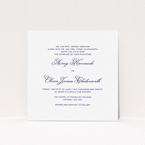 A personalised wedding invitation template titled "Right and Proper". It is a square (148mm x 148mm) invite in a square orientation. "Right and Proper" is available as a flat invite, with tones of white and navy blue.