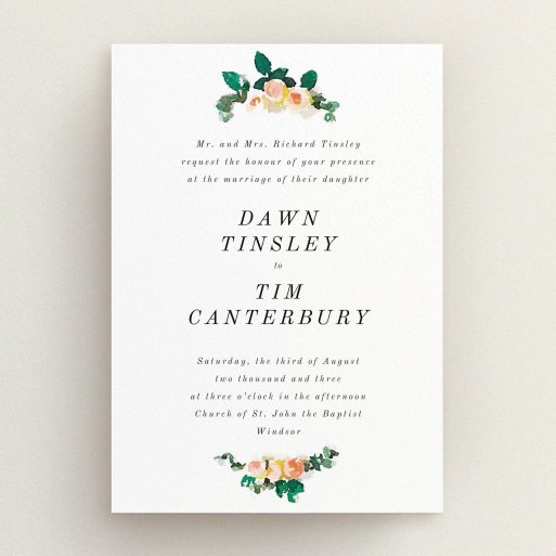 A personalised wedding invitation design called "Rose bouquet". It is an A5 invite in a portrait orientation. "Rose bouquet" is available as a flat invite, with tones of white and green.