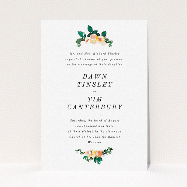 A personalised wedding invitation design called "Rose bouquet". It is an A5 invite in a portrait orientation. "Rose bouquet" is available as a flat invite, with tones of white and green.