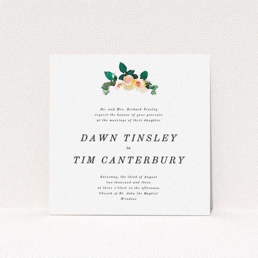 A personalised wedding invitation template titled "Rose bouquet". It is a square (148mm x 148mm) invite in a square orientation. "Rose bouquet" is available as a flat invite, with tones of white and green.