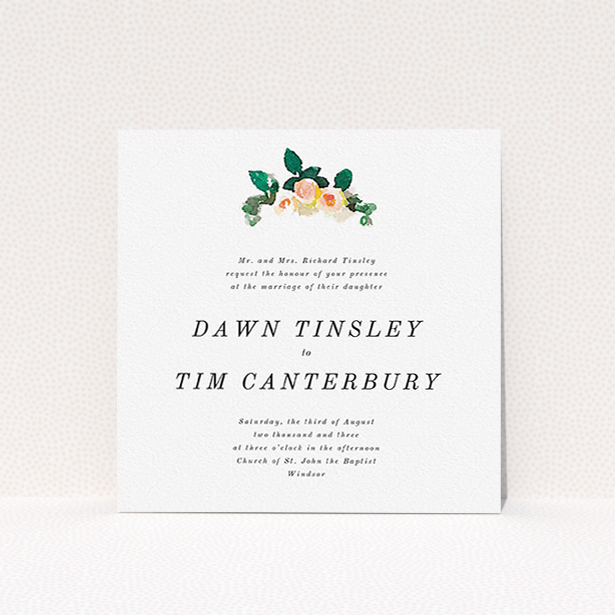 A personalised wedding invitation template titled "Rose bouquet". It is a square (148mm x 148mm) invite in a square orientation. "Rose bouquet" is available as a flat invite, with tones of white and green.