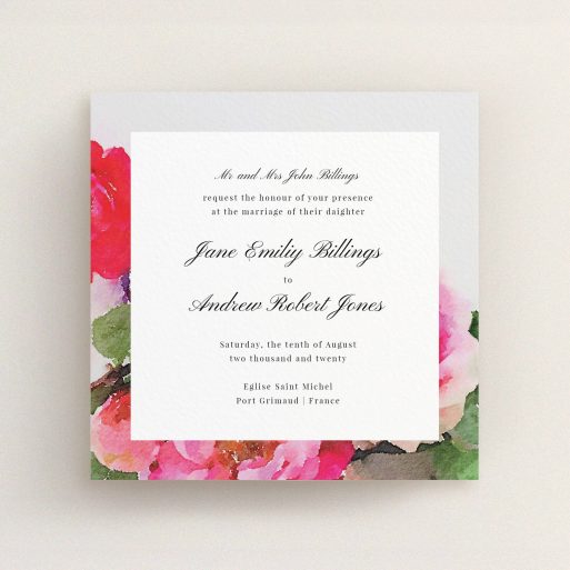 A personalised wedding invitation named "Rose Frame". It is a square (148mm x 148mm) invite in a square orientation. "Rose Frame" is available as a flat invite, with tones of pink, red and green.