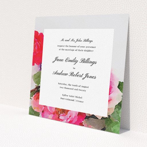 A personalised wedding invitation named 'Rose Frame'. It is a square (148mm x 148mm) invite in a square orientation. 'Rose Frame' is available as a flat invite, with tones of pink, red and green.