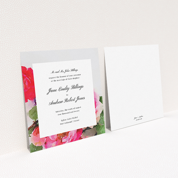 A personalised wedding invitation named "Rose Frame". It is a square (148mm x 148mm) invite in a square orientation. "Rose Frame" is available as a flat invite, with tones of pink, red and green.