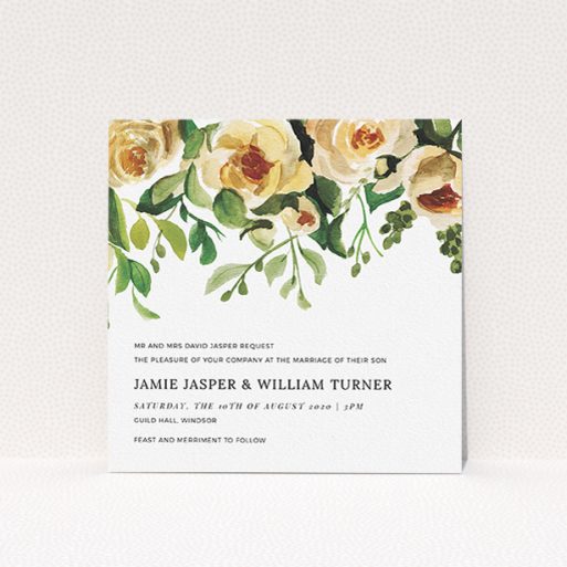 A personalised wedding invitation design called "Rose Garden Wall". It is a square (148mm x 148mm) invite in a square orientation. "Rose Garden Wall" is available as a flat invite, with mainly pink colouring.