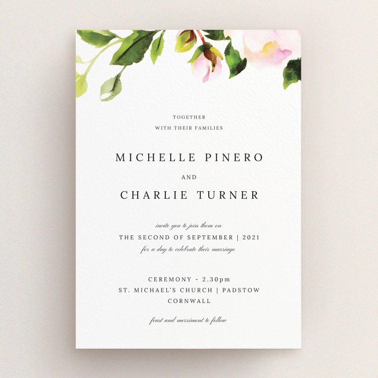 A personalised wedding invitation design titled "Rose Roof". It is an A5 invite in a portrait orientation. "Rose Roof" is available as a flat invite, with tones of pink and green.