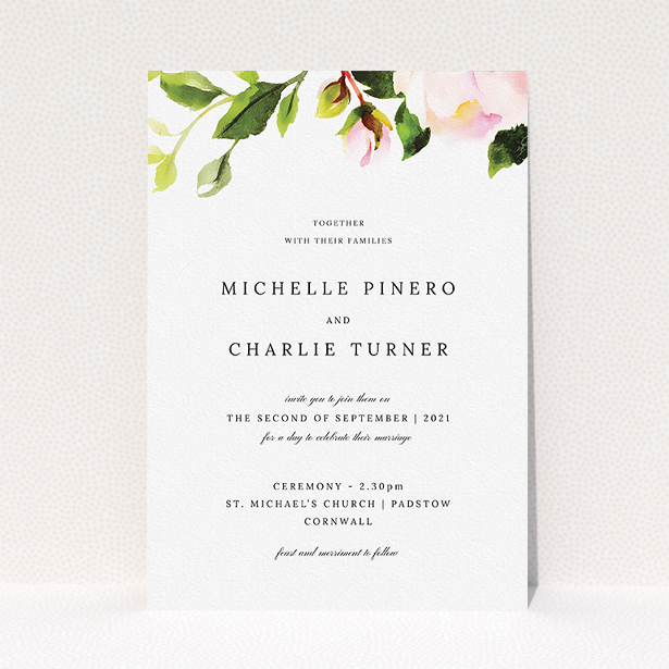 A personalised wedding invitation design titled "Rose Roof". It is an A5 invite in a portrait orientation. "Rose Roof" is available as a flat invite, with tones of pink and green.