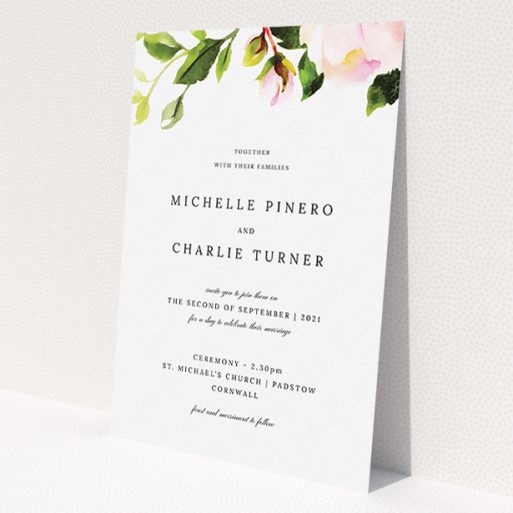 A personalised wedding invitation design titled 'Rose Roof'. It is an A5 invite in a portrait orientation. 'Rose Roof' is available as a flat invite, with tones of pink and green.