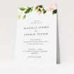 A personalised wedding invitation design titled "Rose Roof". It is an A5 invite in a portrait orientation. "Rose Roof" is available as a flat invite, with tones of pink and green.